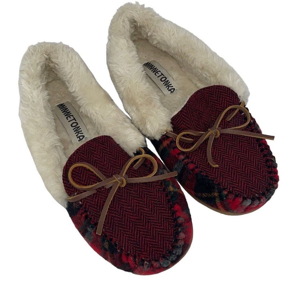 Womens Minnetonka Camp Collar Moc Slipper in Red Autumn Plaid Size 7 Fleece Line